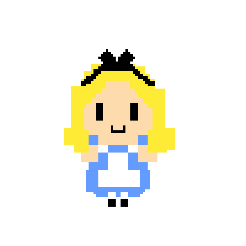 Pixel-art Alice character in a blue dress.