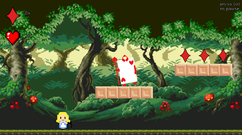 Alice at the lower left of a forest level, with platforms, a card guard, and red collectibles.