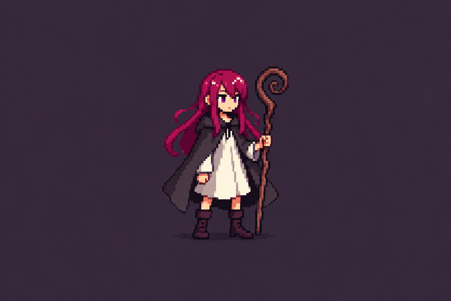 Magenta-haired Caela holding her staff on a muted dark-purple background.