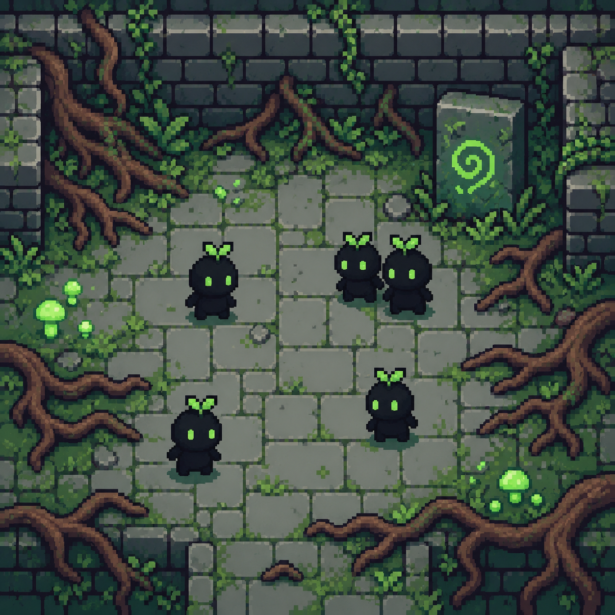 Earthen Grove: overgrown stone rooms with green creatures and a glowing rune.