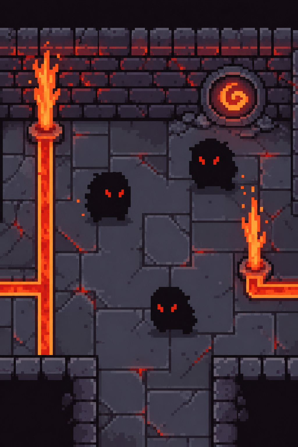 Fractured Hearth: lava channels, cracked stone, red creatures and a fiery rune.