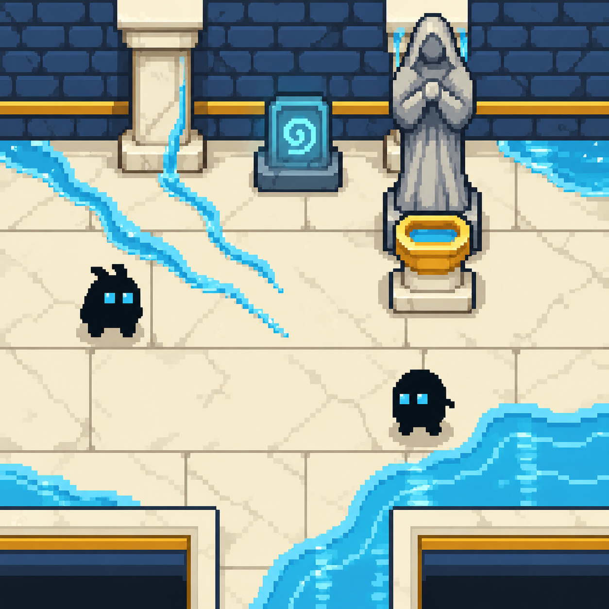 Mirrored Tides: blue waterways, pale stone, a statue and blue creatures.