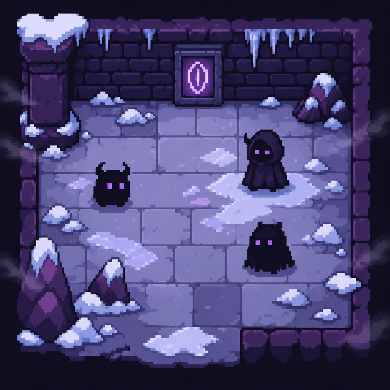 Veiled Tundra: snowy purple ruins, icicles and violet-eyed creatures.