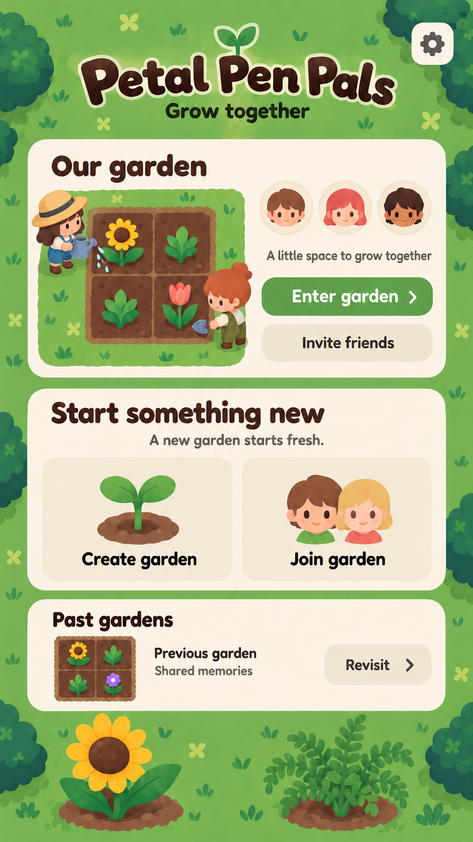 Petal Pen Pals Home design showing the shared garden and options to enter, create or join a garden.
