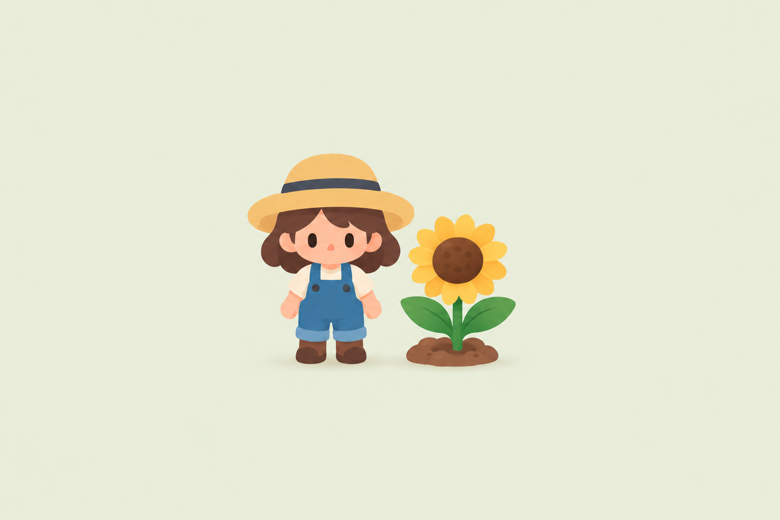 Gardener beside a sunflower on a soft cream-green background.