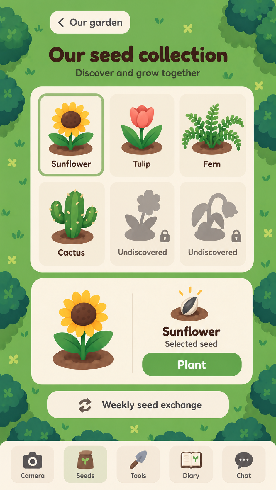 Petal Pen Pals Seed Collection design showing sunflower, tulip, fern and cactus, with a selected sunflower seed.