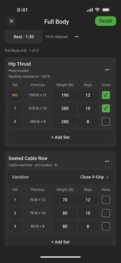 Proggy active workout design showing Full Body, Hip Thrust, and Seated Cable Row.