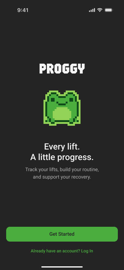 Proggy welcome design with its pixel frog, wordmark, and Every lift. A little progress. message.