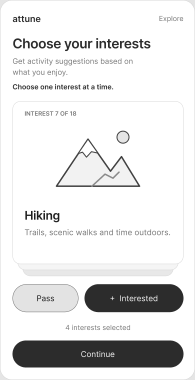 Early card-deck Explore wireframe: a hiking interest card with Pass and Interested controls