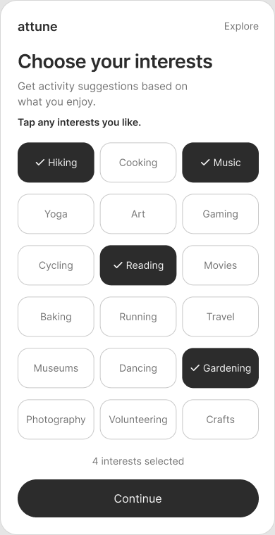 Early interest-grid Explore wireframe: multiple interests visible together, with Hiking, Music, Reading, and Gardening selected