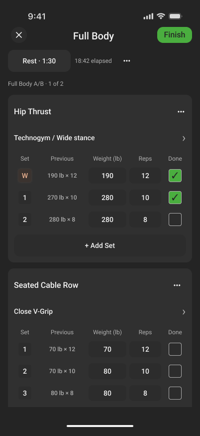 Active workout showing previous sets, weight, reps and completion controls