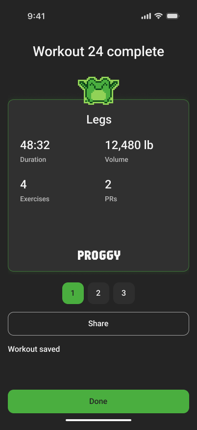 Workout completion summary showing duration, volume, exercise count and personal record count