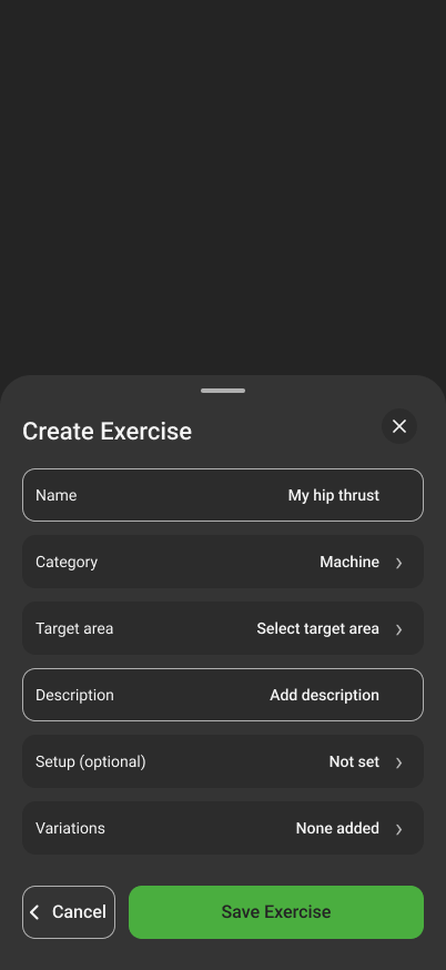 Create Exercise form showing optional setup as Not set and variations as None added
