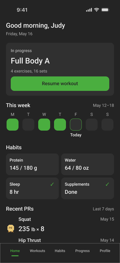 Workout-first Home alternative with Resume workout, weekly activity, habits and recent personal records