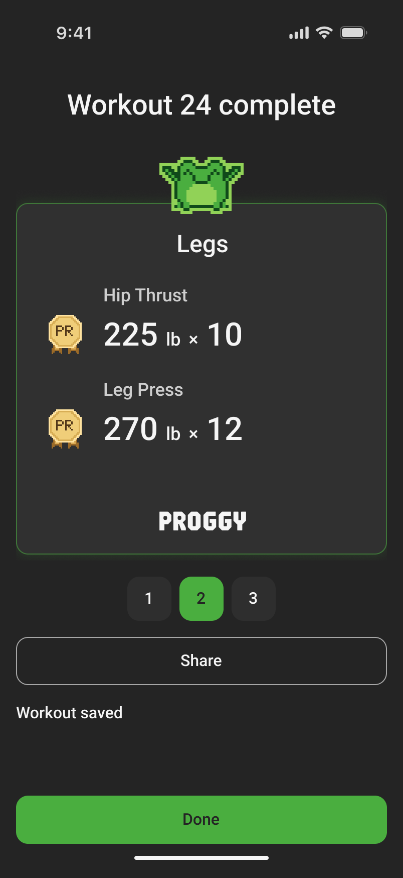 Personal-record card showing Hip Thrust 225 pounds for 10 reps and Leg Press 270 pounds for 12 reps