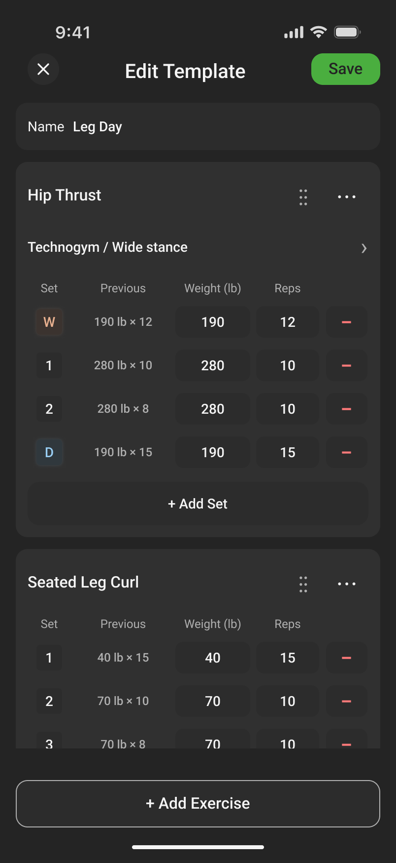 Leg Day template with planned warm-up, normal and drop sets
