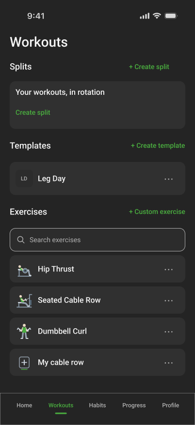 Workouts hub with separate Splits, Templates and Exercises sections